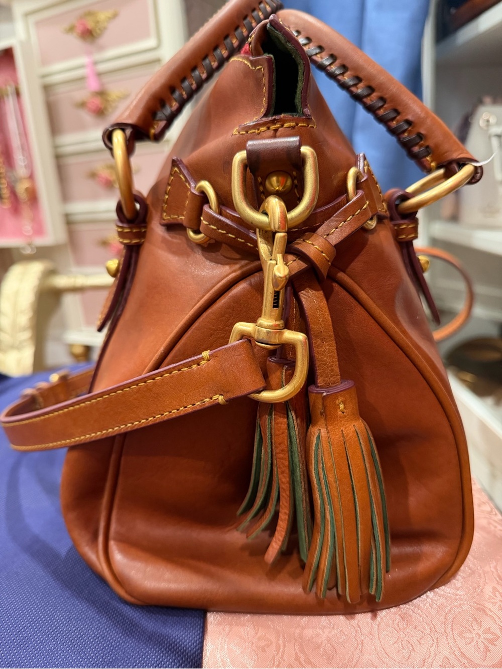Dooney & Bourke Chestnut Brown Leather Satchel with Crossbody Strap - Picture 7 of 16
